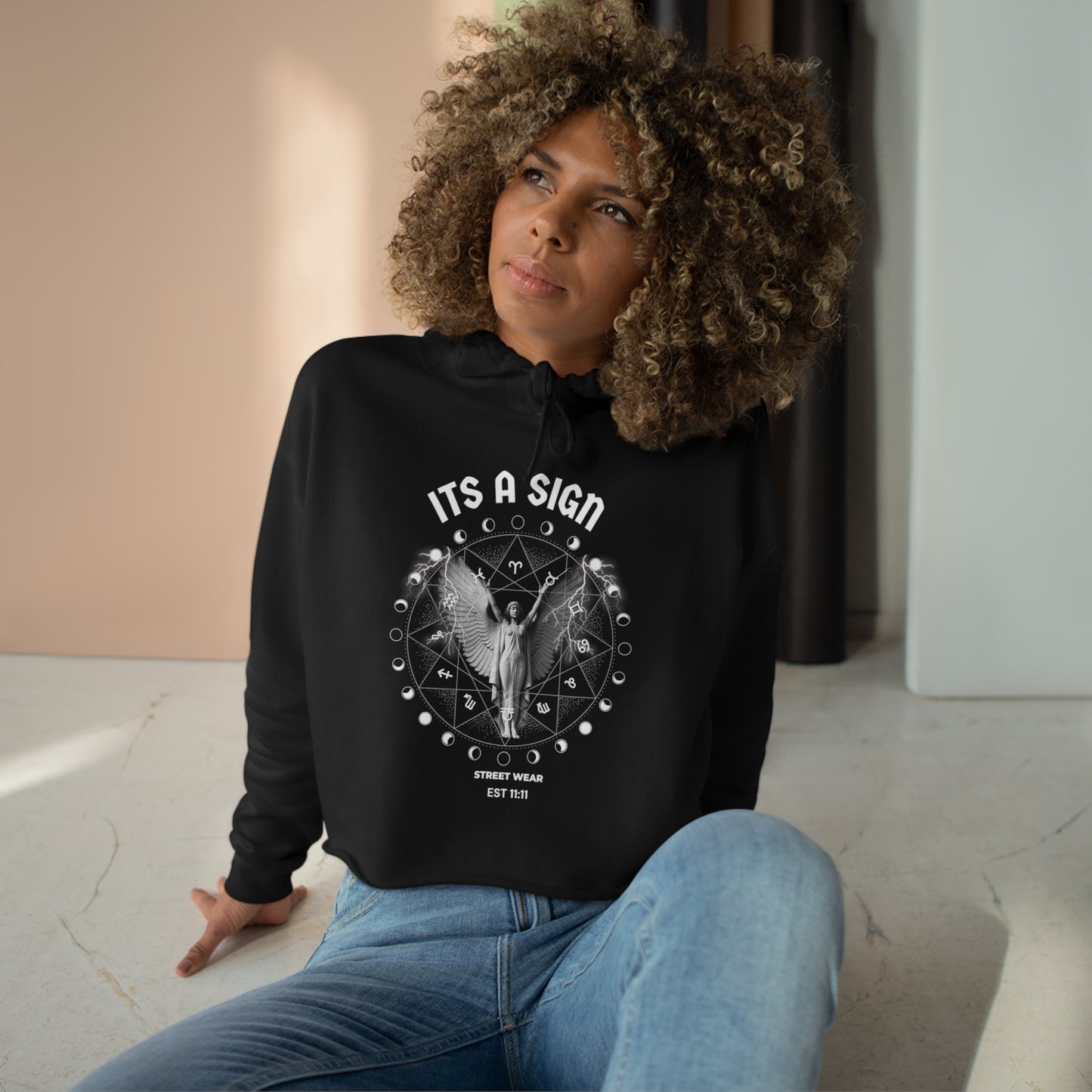 Angel, Moon, Zodiac Crop Hoodie