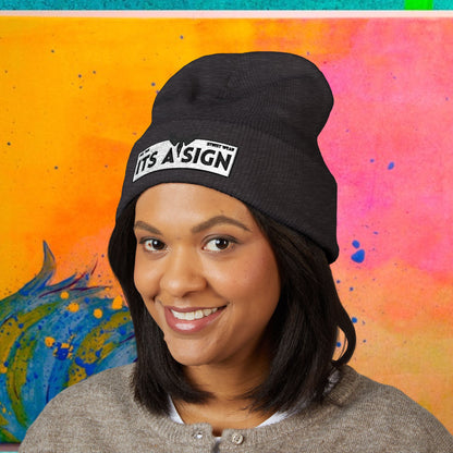 "It's A Sign" Embroidered Cuffed Beanie — Minimal Gothic Winter Hat