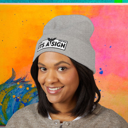"It's A Sign" Embroidered Cuffed Beanie — Minimal Gothic Winter Hat