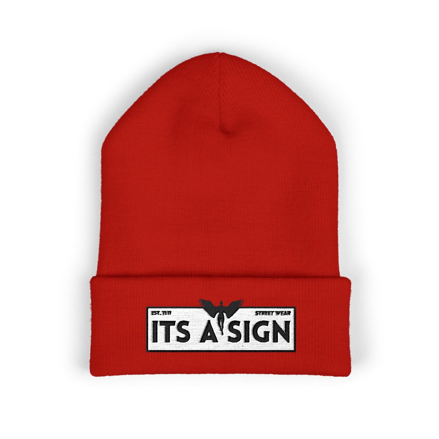 "It's A Sign" Embroidered Cuffed Beanie — Minimal Gothic Winter Hat