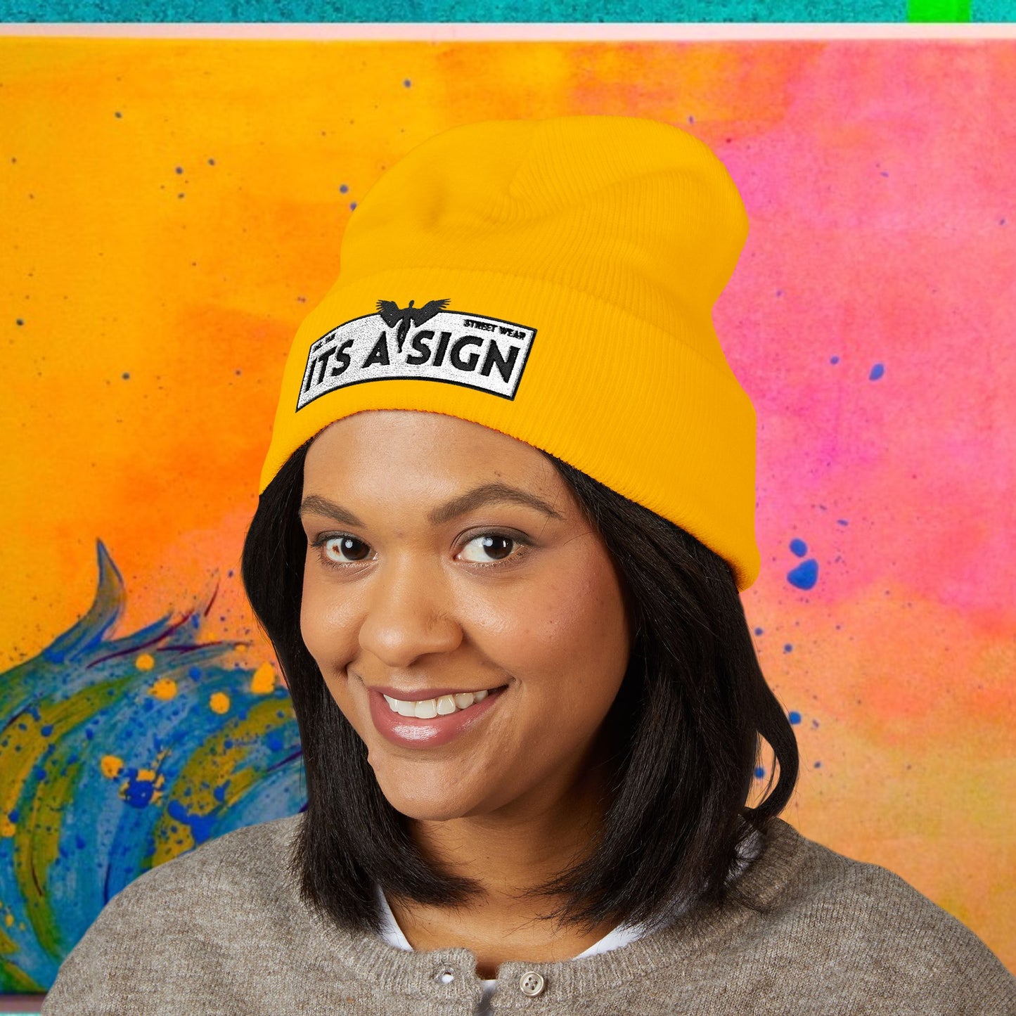 "It's A Sign" Embroidered Cuffed Beanie — Minimal Gothic Winter Hat