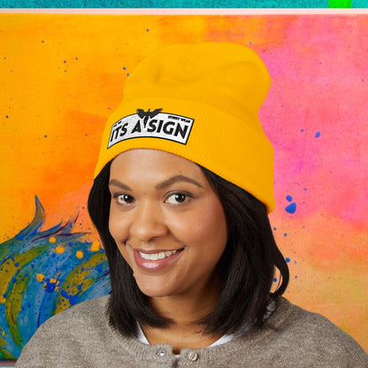 "It's A Sign" Embroidered Cuffed Beanie — Minimal Gothic Winter Hat
