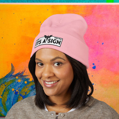 "It's A Sign" Embroidered Cuffed Beanie — Minimal Gothic Winter Hat