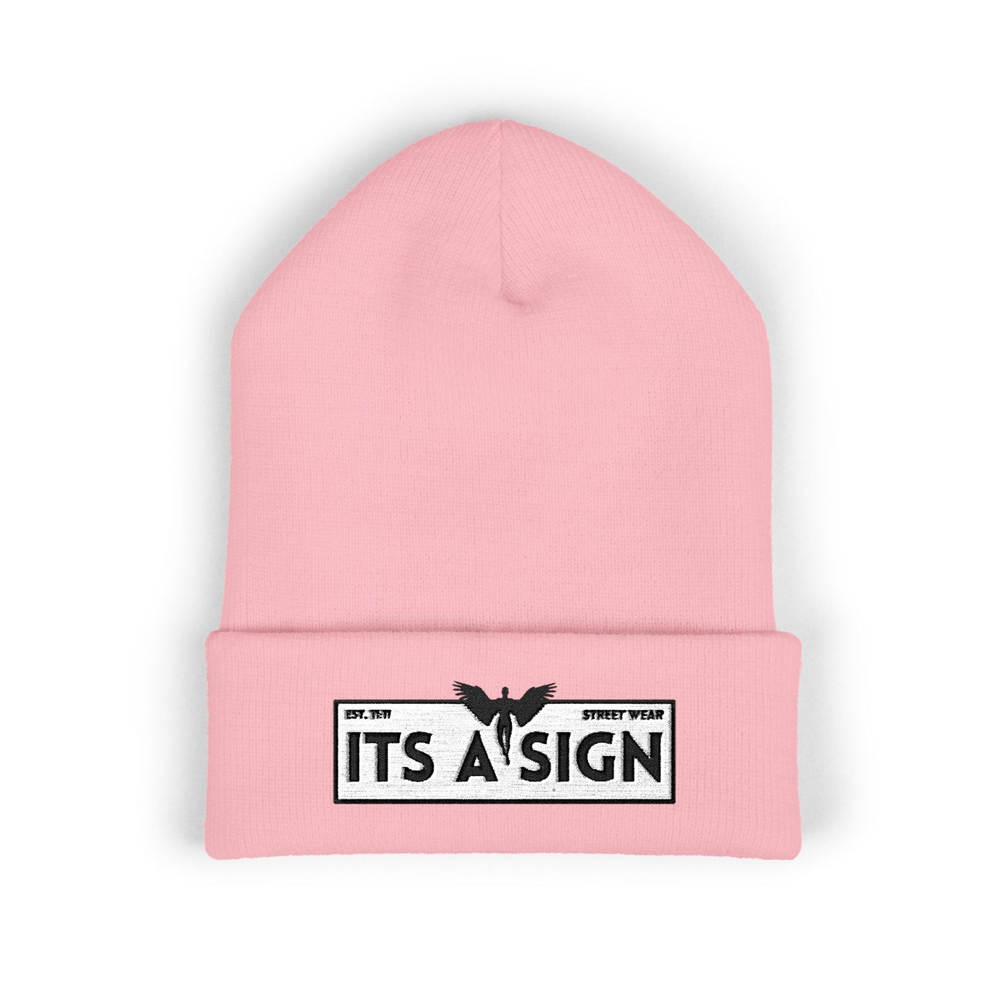 "It's A Sign" Embroidered Cuffed Beanie — Minimal Gothic Winter Hat
