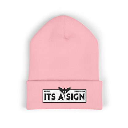 "It's A Sign" Embroidered Cuffed Beanie — Minimal Gothic Winter Hat