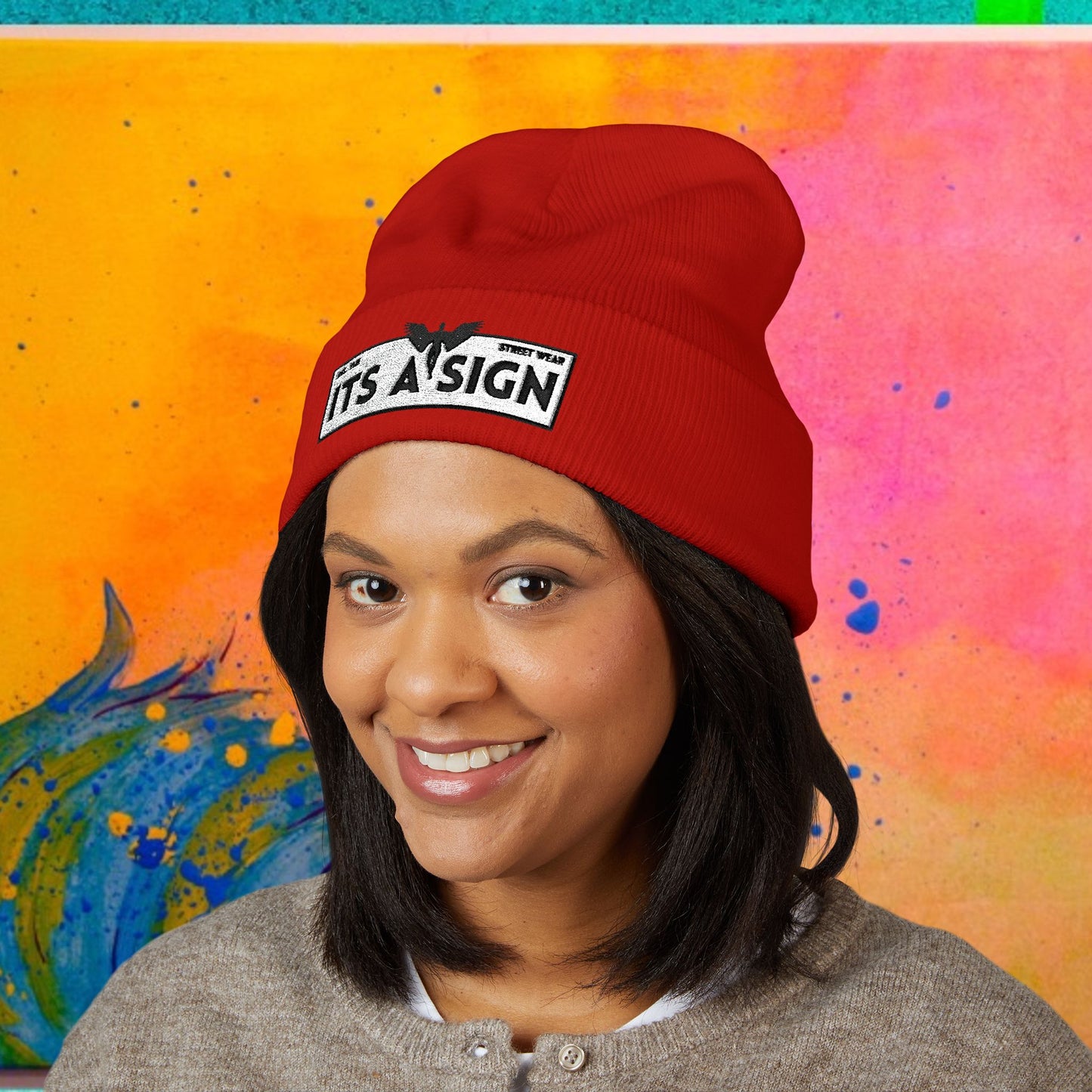 "It's A Sign" Embroidered Cuffed Beanie — Minimal Gothic Winter Hat