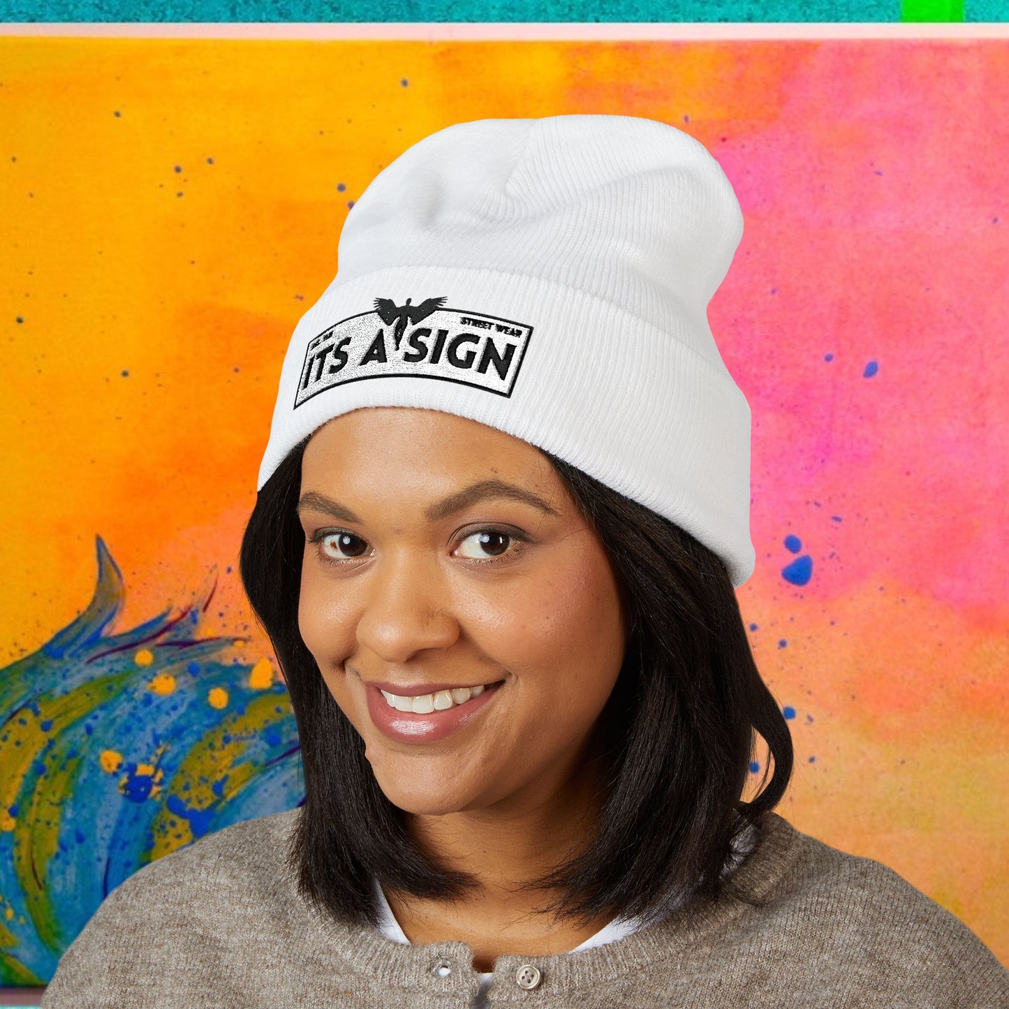 "It's A Sign" Embroidered Cuffed Beanie — Minimal Gothic Winter Hat