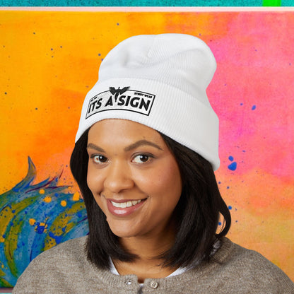"It's A Sign" Embroidered Cuffed Beanie — Minimal Gothic Winter Hat