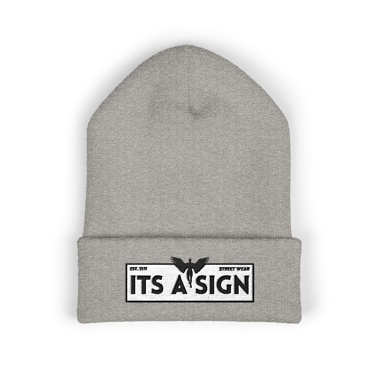"It's A Sign" Embroidered Cuffed Beanie — Minimal Gothic Winter Hat