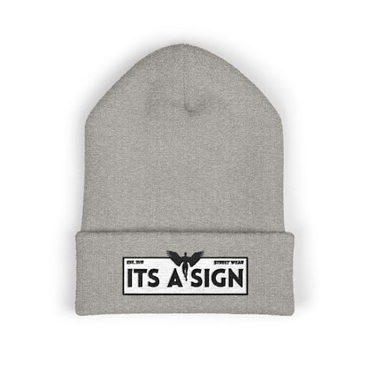 "It's A Sign" Embroidered Cuffed Beanie — Minimal Gothic Winter Hat
